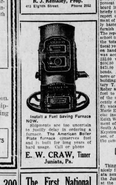 Newspaper advertisement from 1918 for the American Boilerplate Furnace.